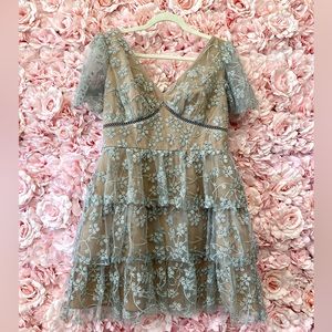 Self-Portrait “Embroidered Blossom Tiered mini Dress”, silver! Size 8! NWT